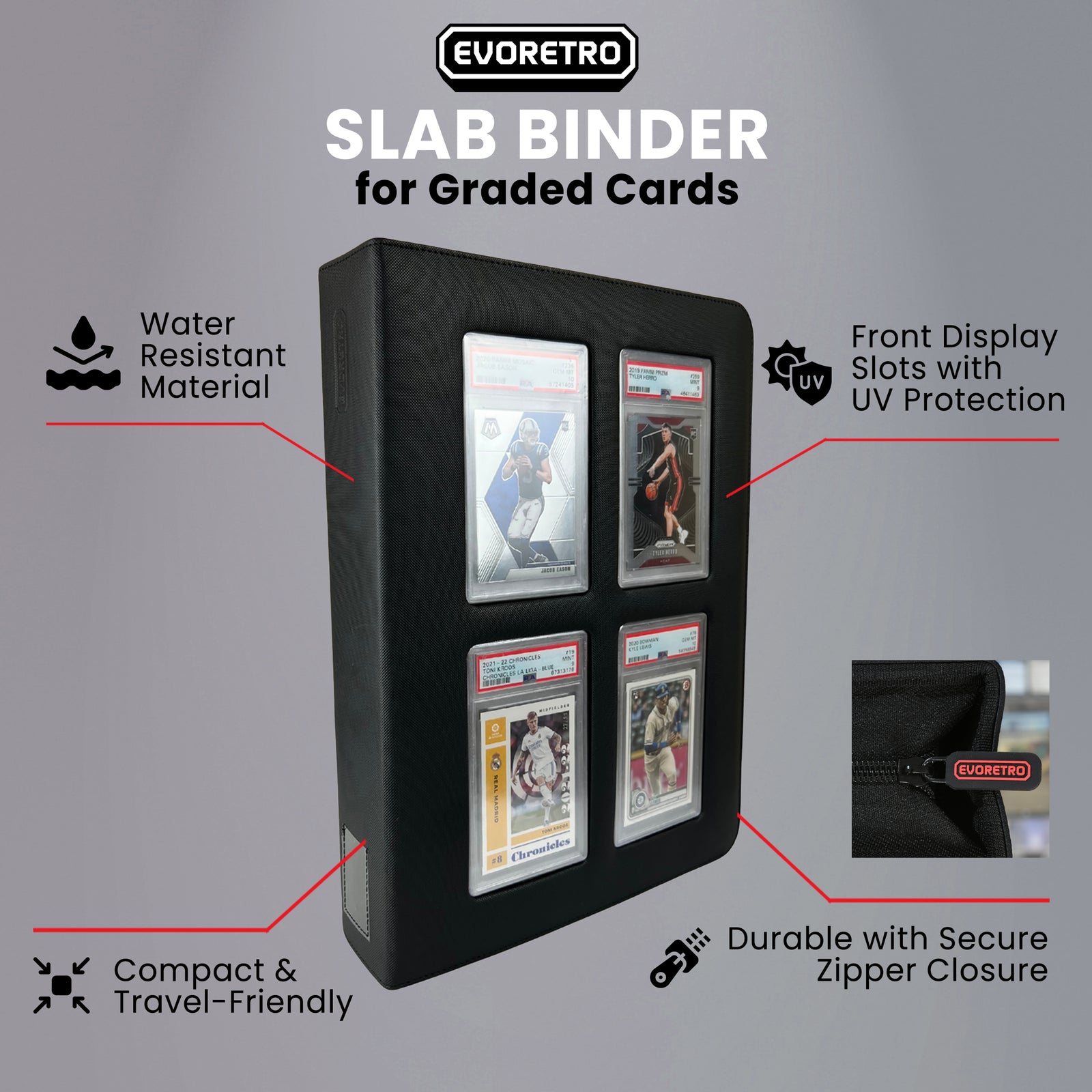 Slab binder showcasing features: water-resistant, UV-protected front slots, durable, compact, travel-friendly