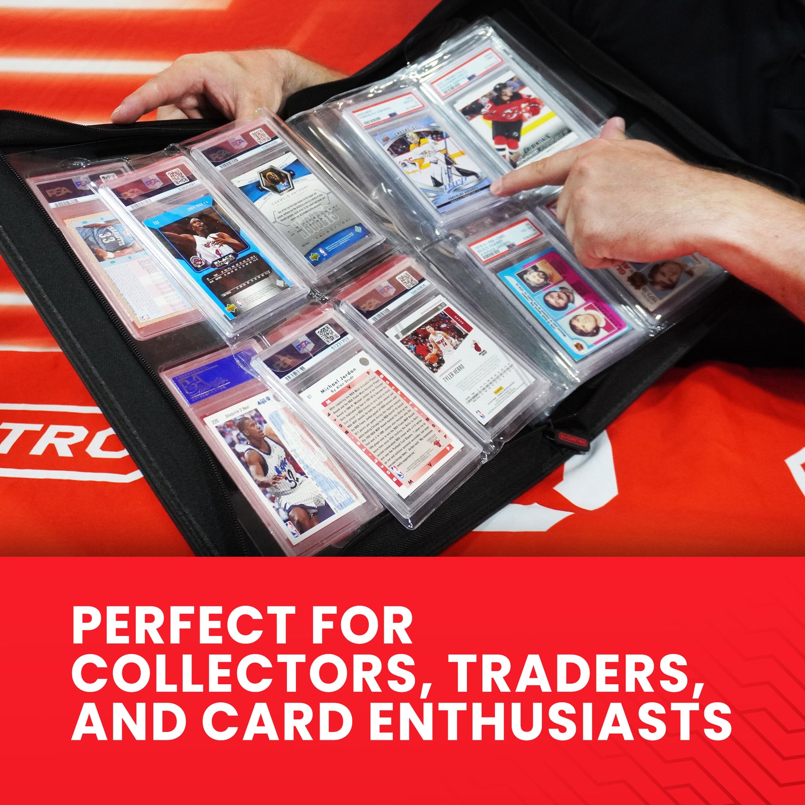 Open slab binder filled with graded cards, with a hand pointing at one of the slabs