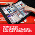 Open slab binder filled with graded cards, with a hand pointing at one of the slabs