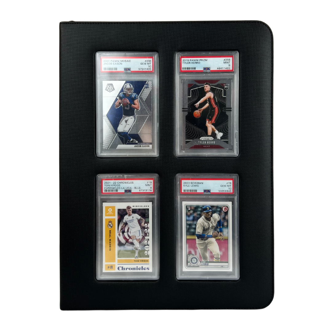 Front view of binder with 4 graded sports cards on display