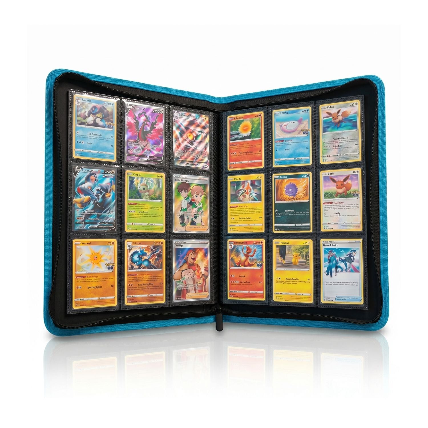 Blue 9 pocket zip up binder open with cards inside