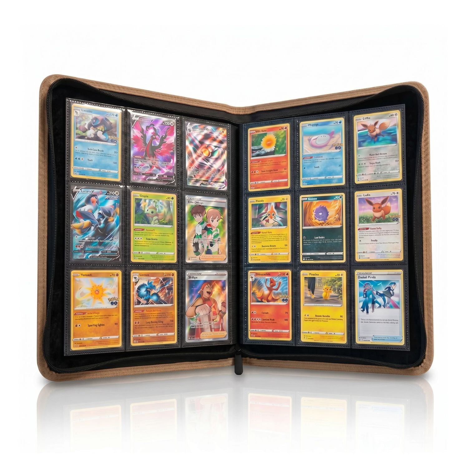 Brown 9 pocket zip up binder open with cards inside