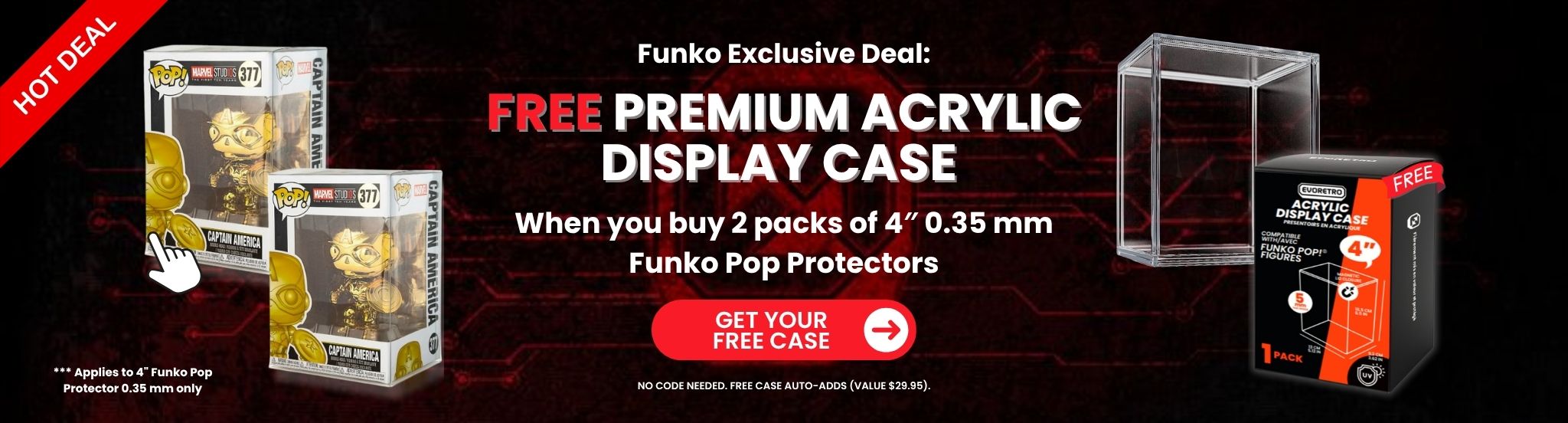 Funko Pop protectors with a promotional offer for a free premium acrylic display case on a dark background.
