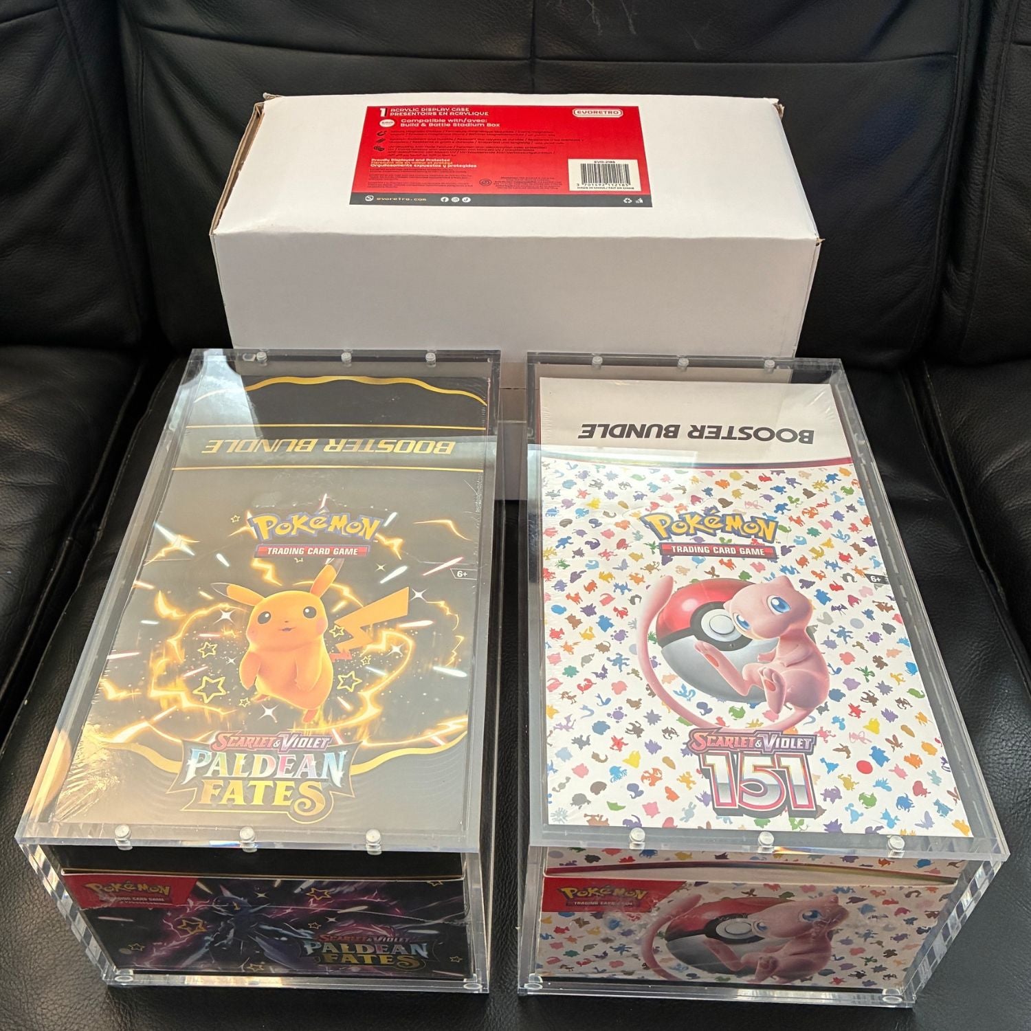 EVORETRO magnetic acrylic display case for Pokémon Build and Battle Stadium Box with packaging and sealed booster bundles
