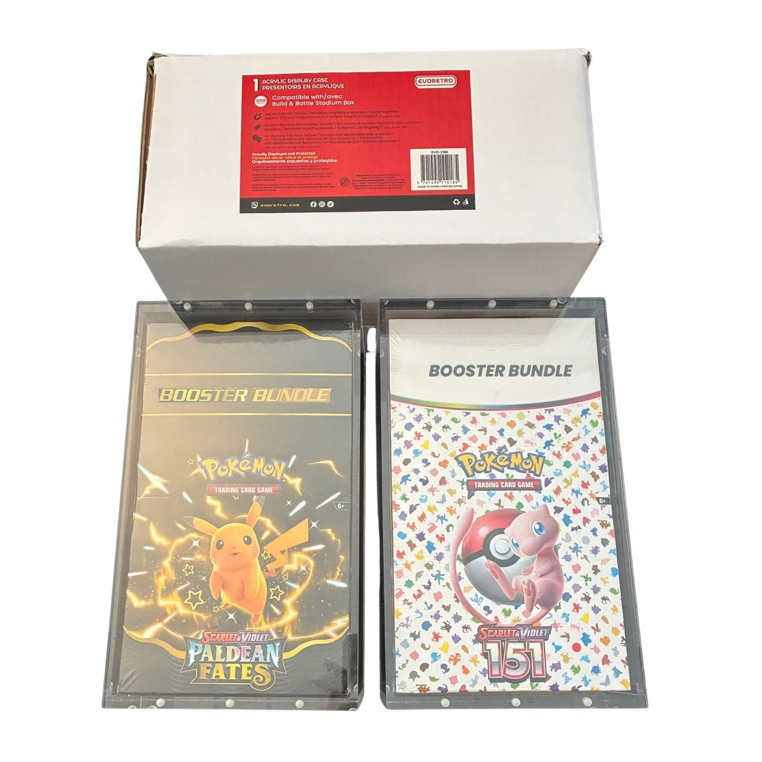 EVORETRO magnetic acrylic display case for Pokémon Build and Battle Stadium Box top view with booster bundles