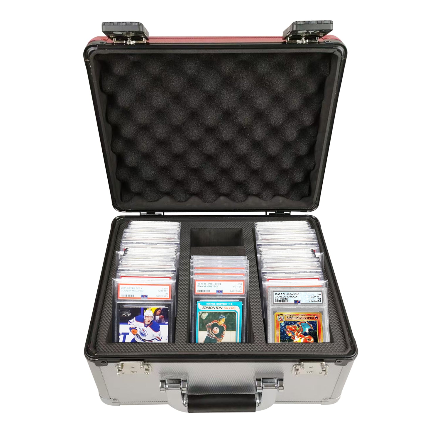 EVORETRO red and silver 3 row graded card storage case holding PSA and Beckett slabbed cards