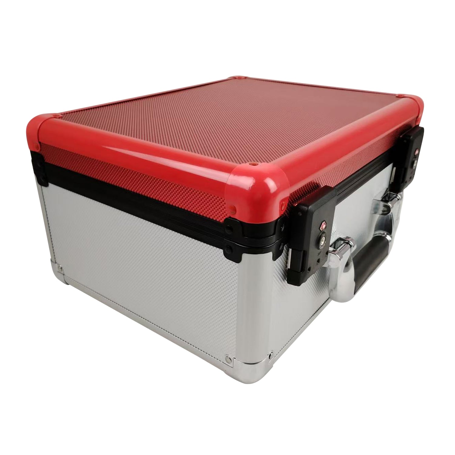 Rear angle view of EVORETRO red and silver aluminum graded card storage box