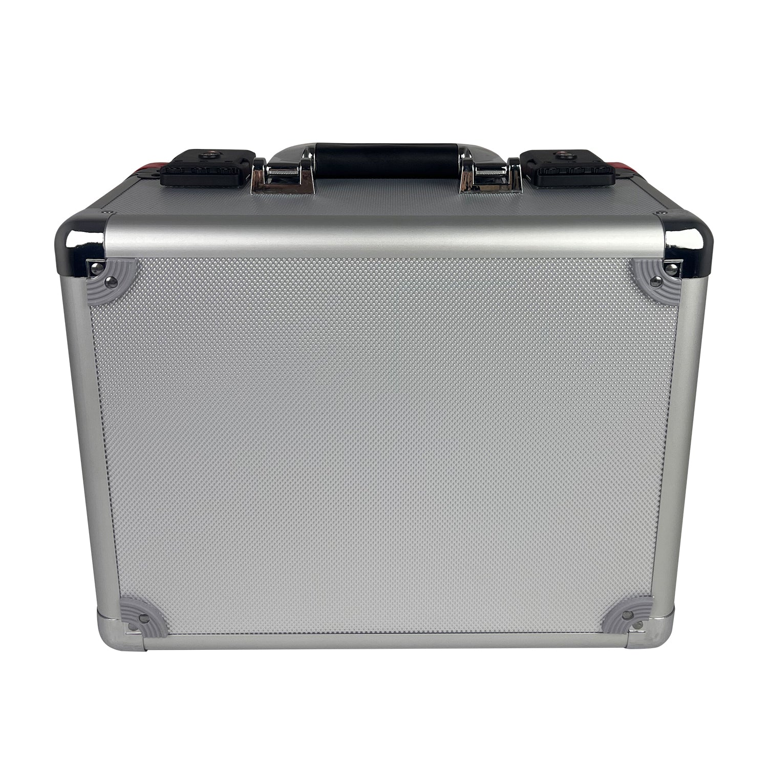 Back view of EVORETRO red and silver aluminum graded card storage case with TSA locks
