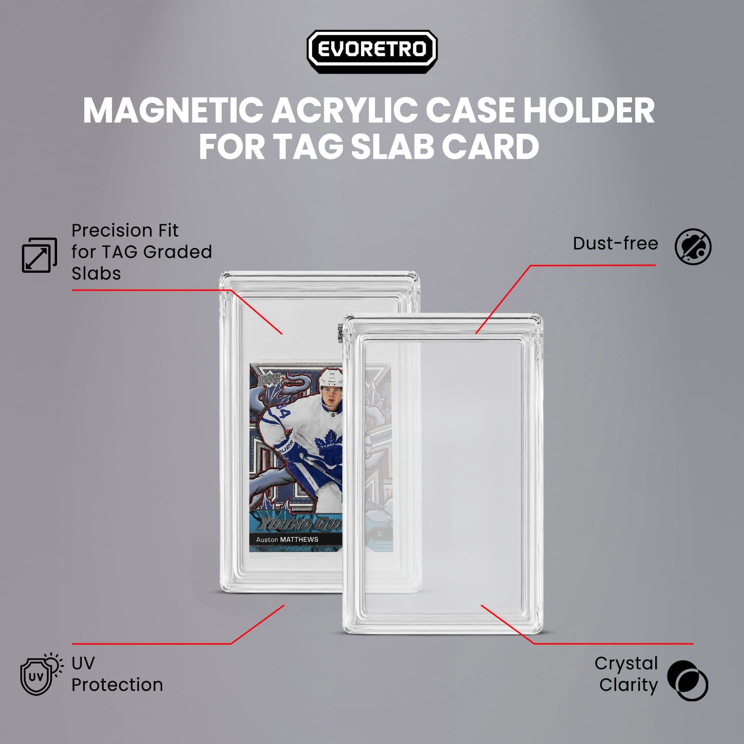 Magnetic acrylic case holder for TAG slab card with UV protection and crystal clarity