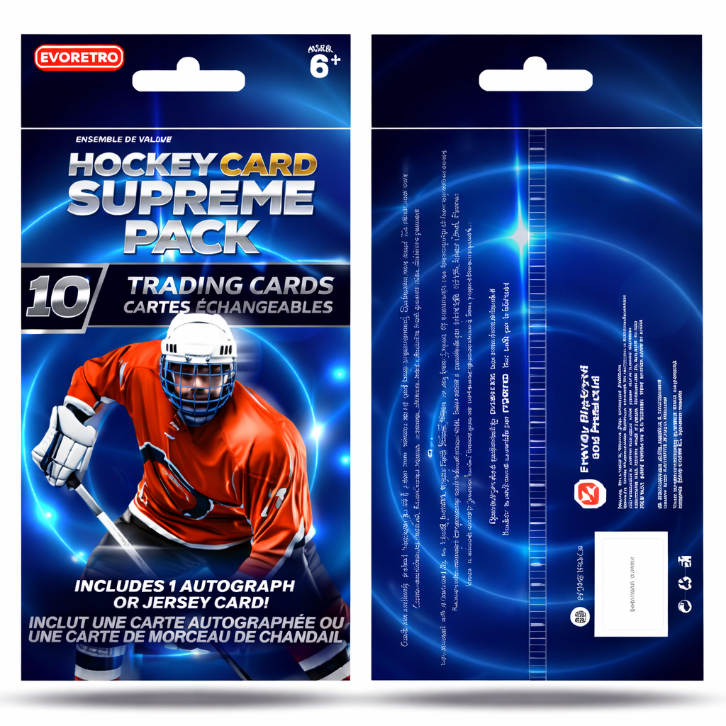 EVO-2734 EVORETRO Hockey Trading Card Supreme Pack – 10 Card Mystery Pack with Autograph or Jersey Card