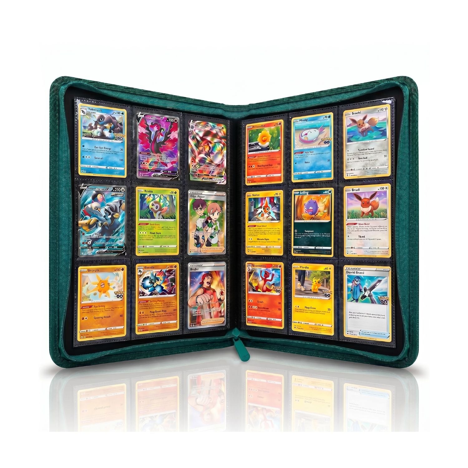 Green 9 pocket zip up binder open with cards inside