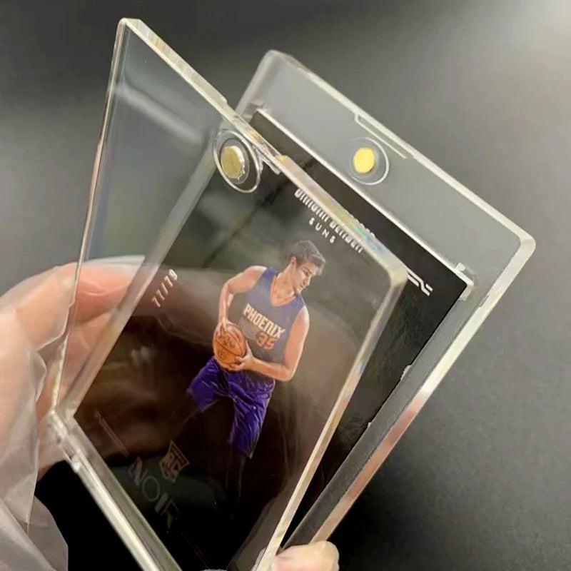 Inserting trading card into magnetic one touch card holder with secure snap closure