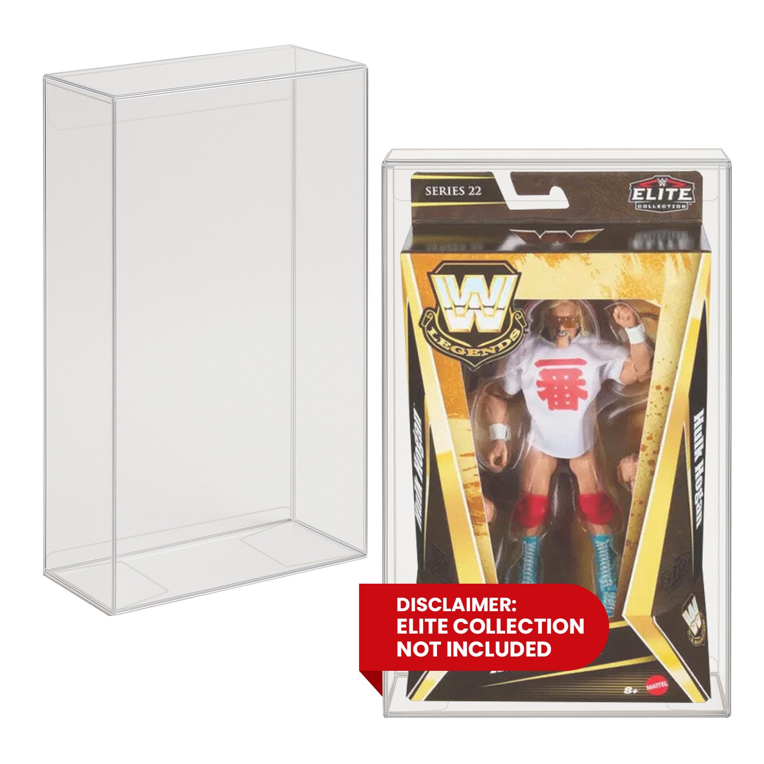 Two PET protectors: one empty, one with WWE Legends Hulk Hogan. Label disclaimer: Elite Collection not included.