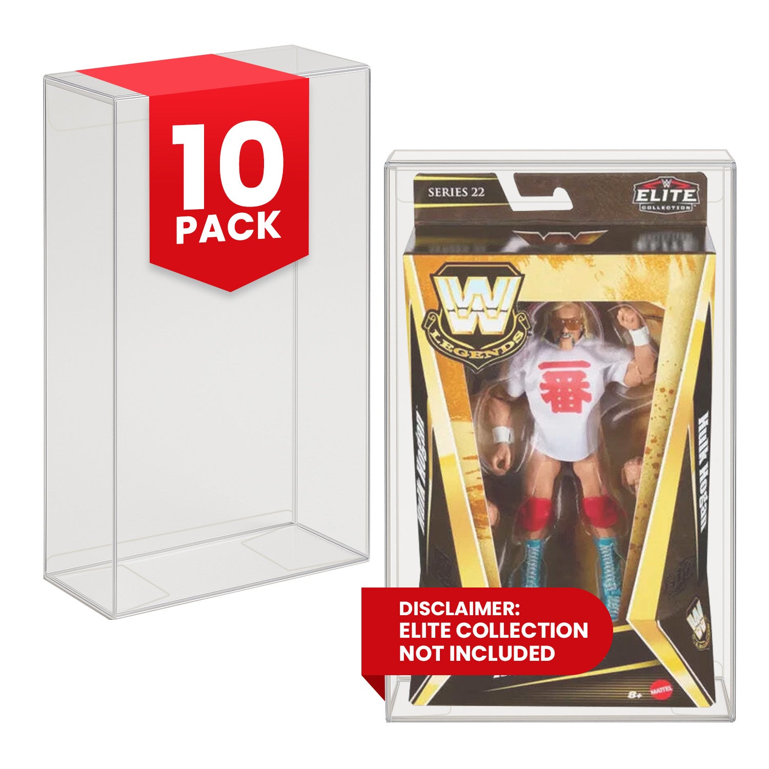 Mattel WWE Legends PET protector plus labels for 10-pack and 'Elite Collection not included' disclaimer.