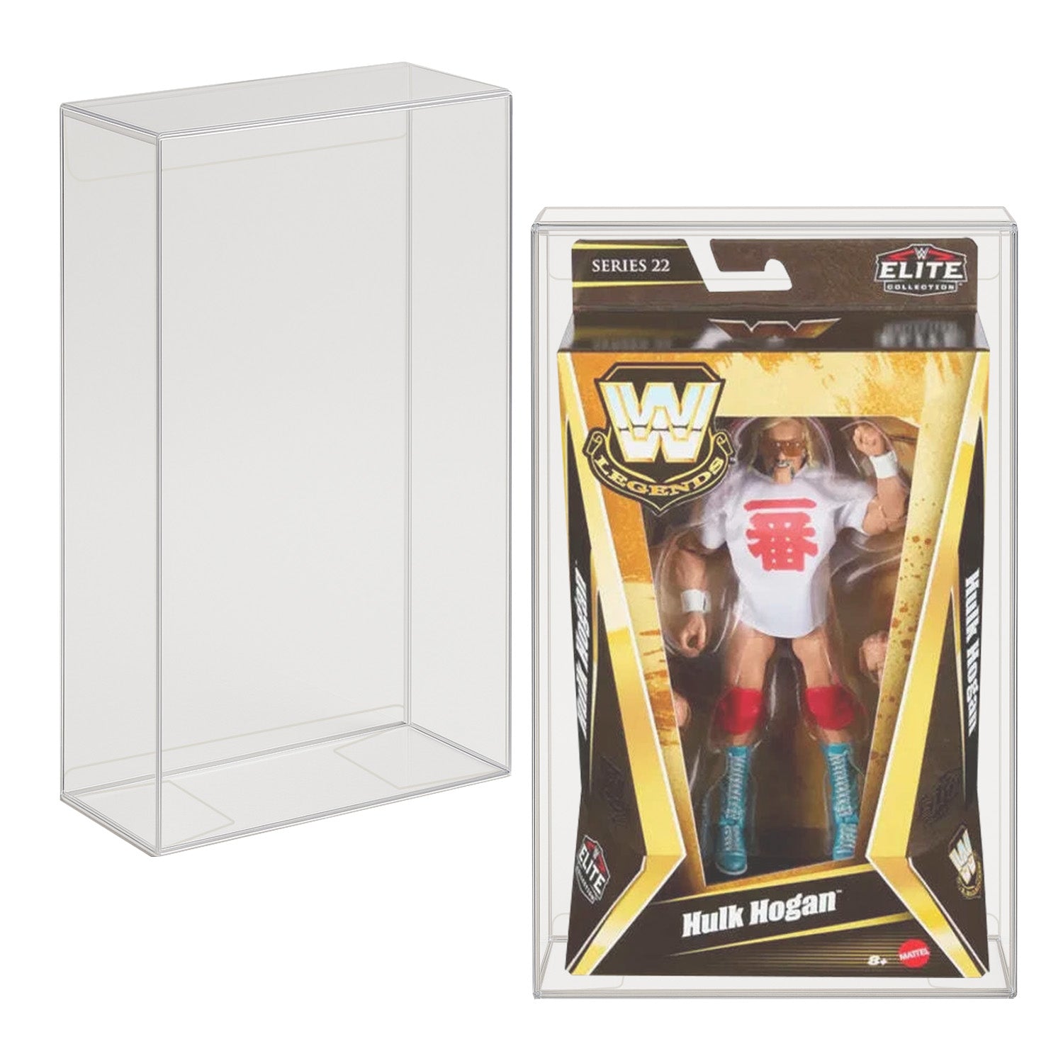 Two PET protectors: one empty, one holding a boxed WWE Legends Series 22 Hulk Hogan action figure.