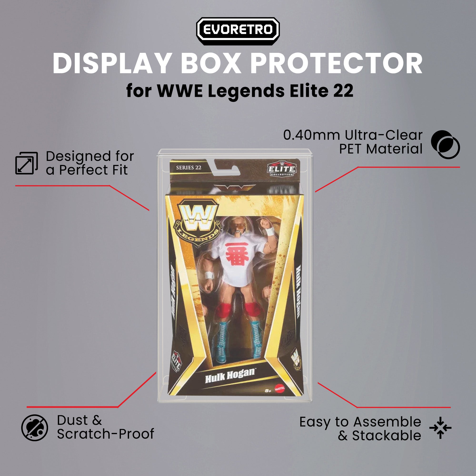 WWE Legends Elite Series 22 Hulk Hogan figure inside PET protector, with callouts highlighting product features.