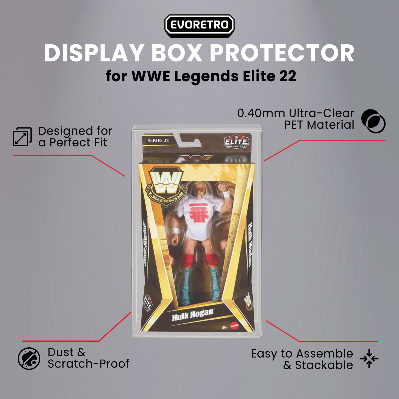 WWE Legends Elite Series 22 Hulk Hogan figure inside PET protector, with callouts highlighting product features.