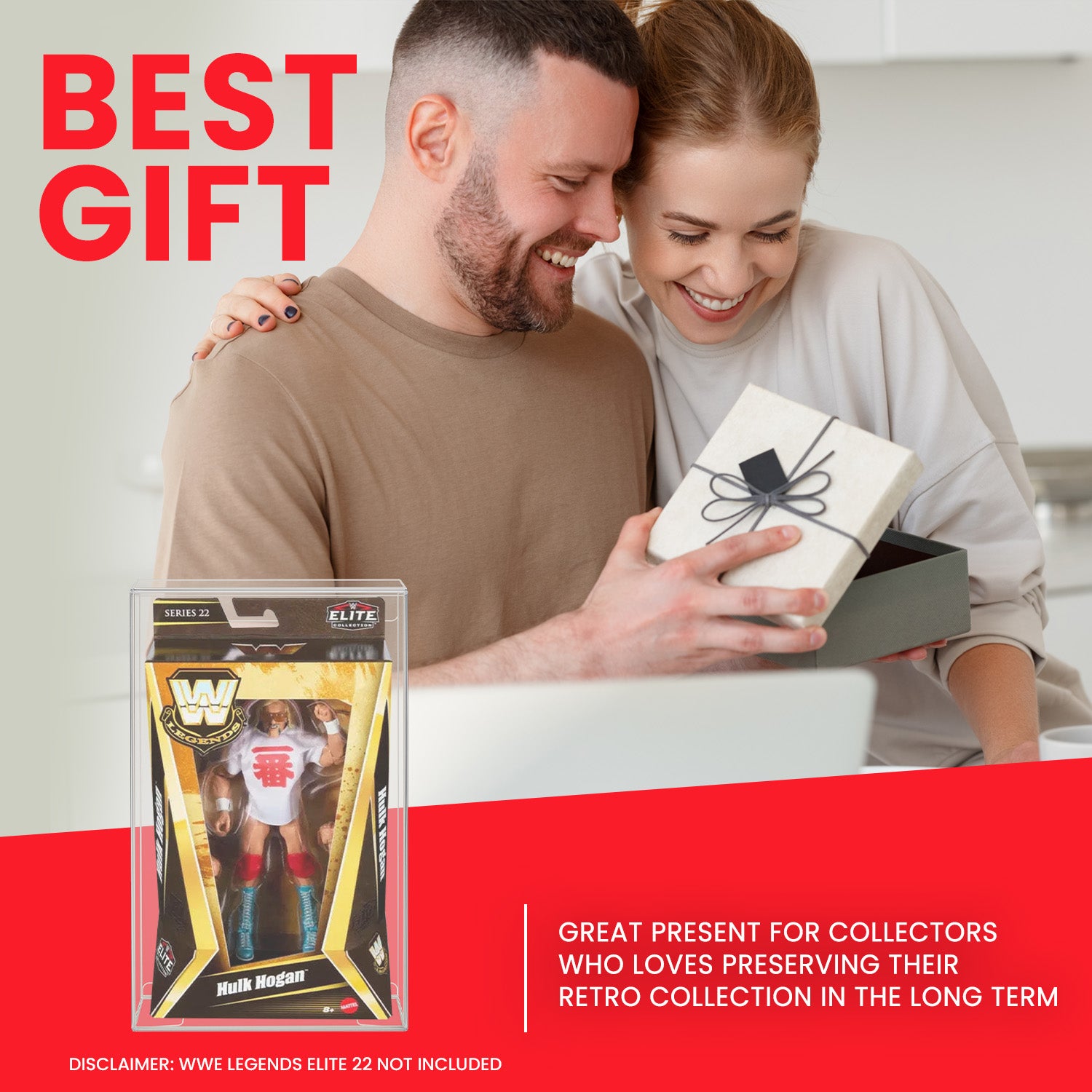PET protector with WWE Hulk Hogan figure shown, while a smiling man opens a gift box from his woman in the background.