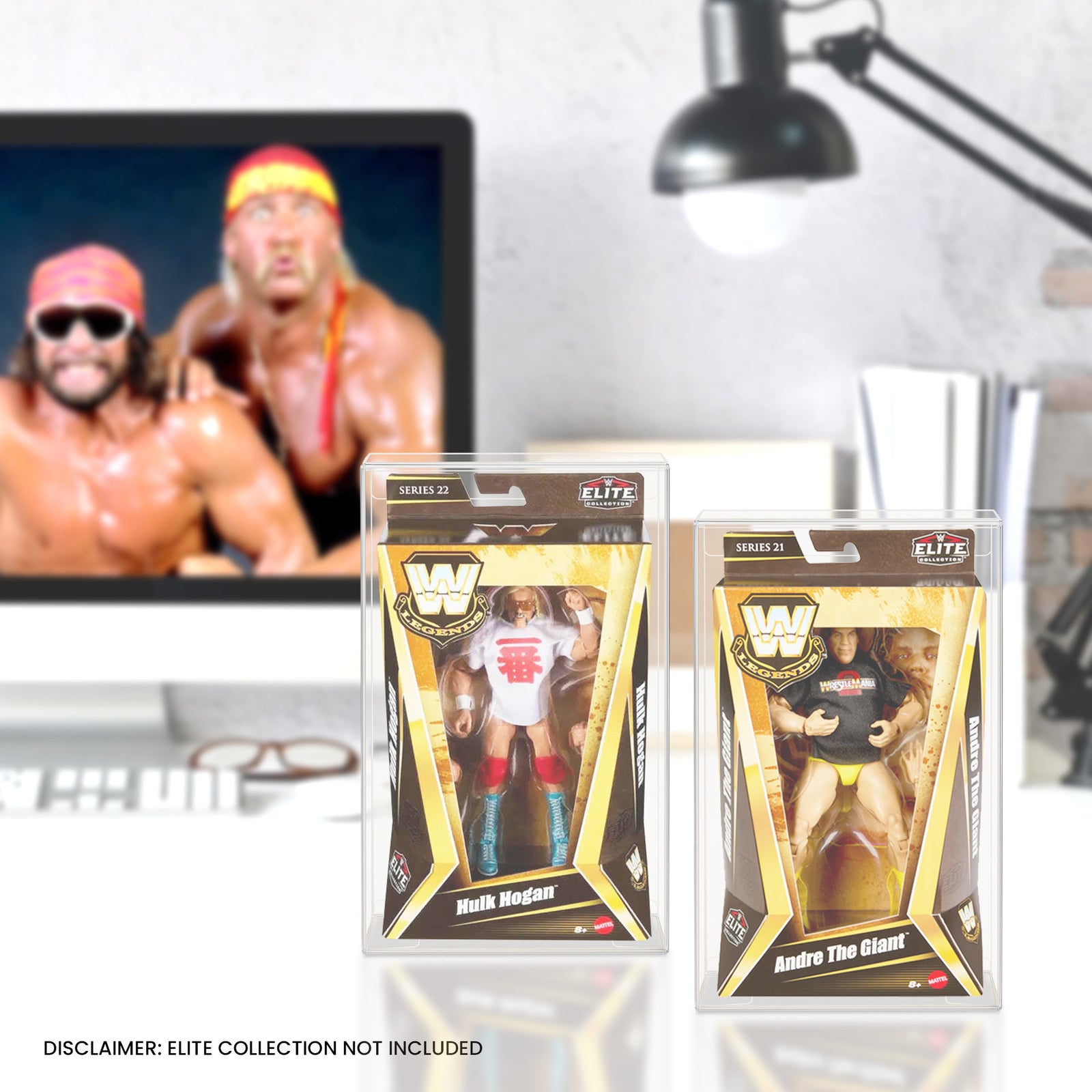 WWE Legends figures Hulk Hogan and André the Giant in PET protectors, both in their boxes, displayed side by side.