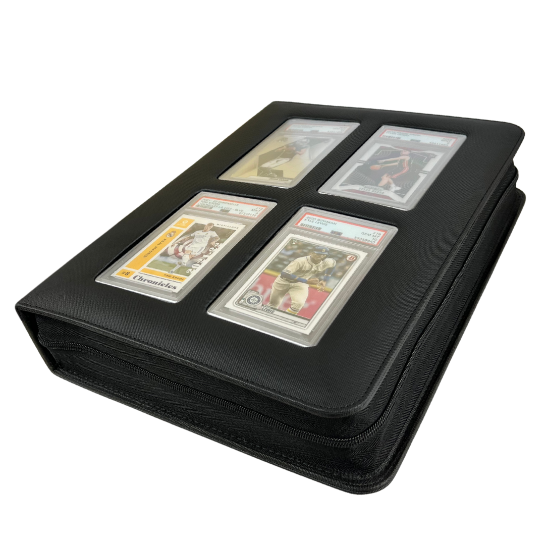 Closed slab binder with four graded cards displayed in the front viewing slots