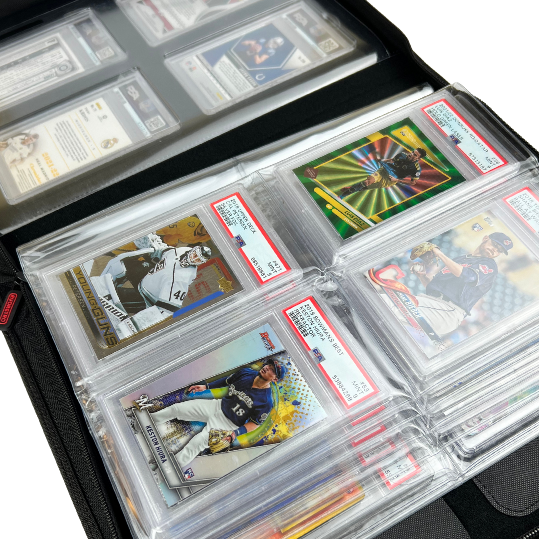 Open slab binder filled with graded sports cards in individual slots