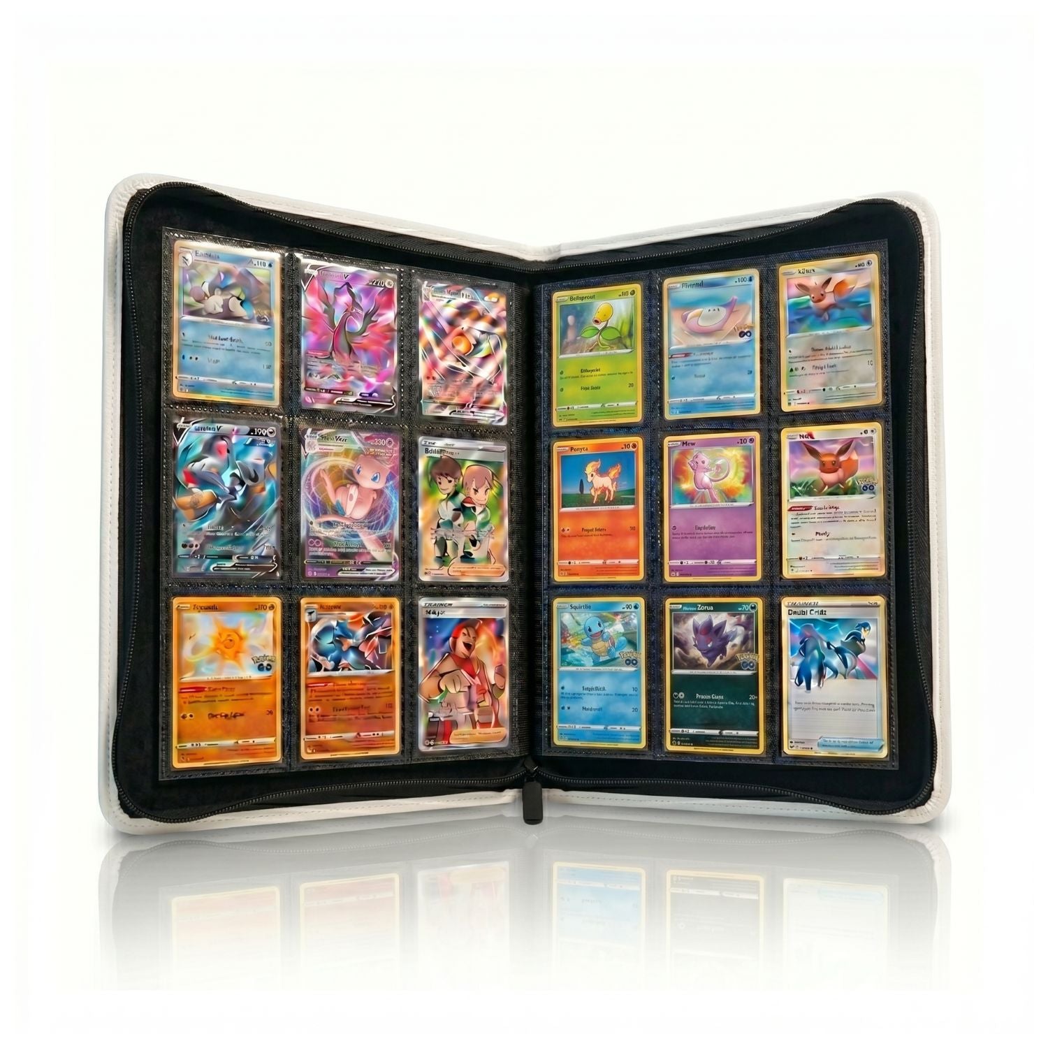 White 9 pocket zip up binder open with cards inside