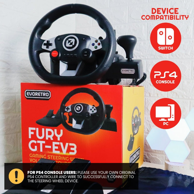 Products FURY GT-EV3 Racing Wheel and Pedal Set for PS4, Nintendo Switch, and PC Games - Pack of 4 - EVORETRO Canada