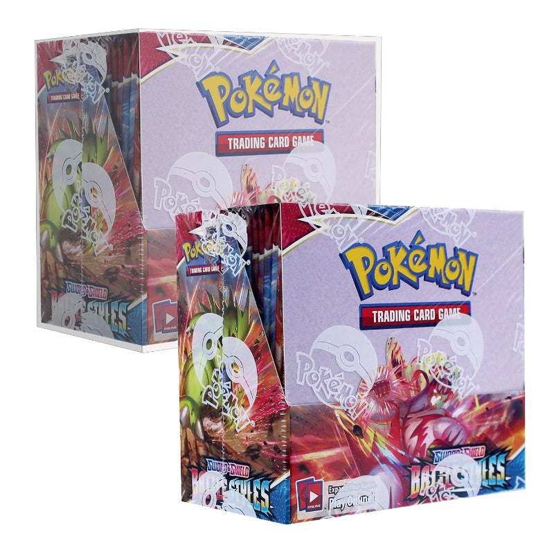 Two Pokémon booster boxes side by side — one inside a PET protector, the other outside for comparison.